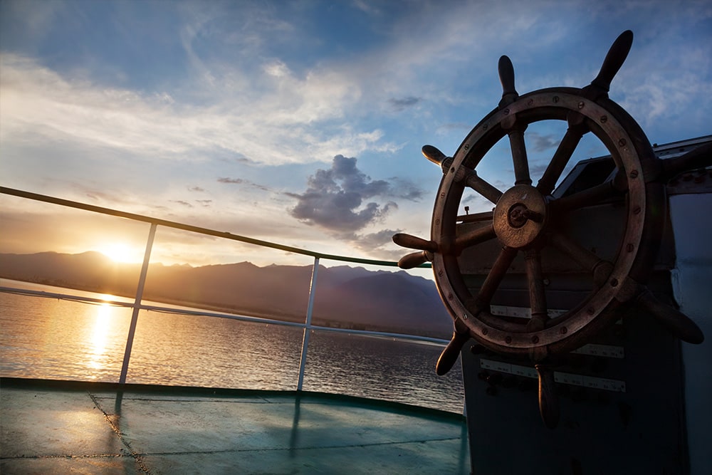 A steering wheel at a ship